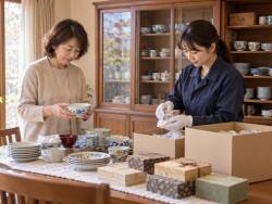 食器棚から器を選び、家族と担当者が丁寧に仕分けるイメージ
