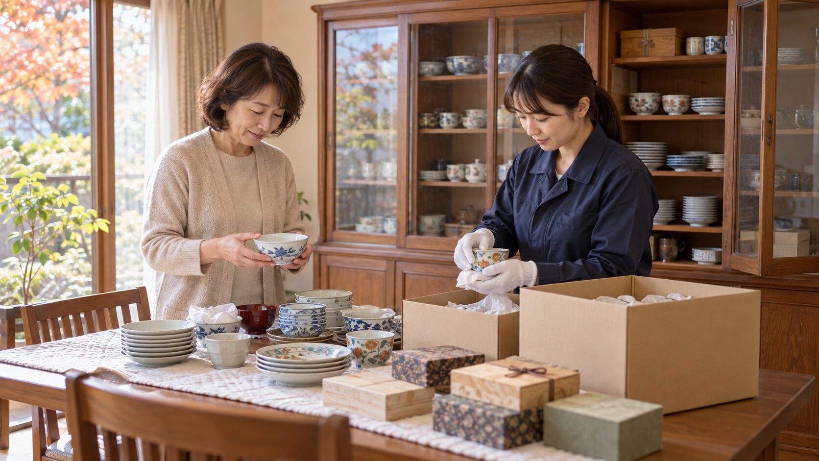 食器棚から器を選び、家族と担当者が丁寧に仕分けるイメージ