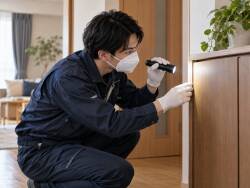 収納棚を照らす清掃点検員のイメージ