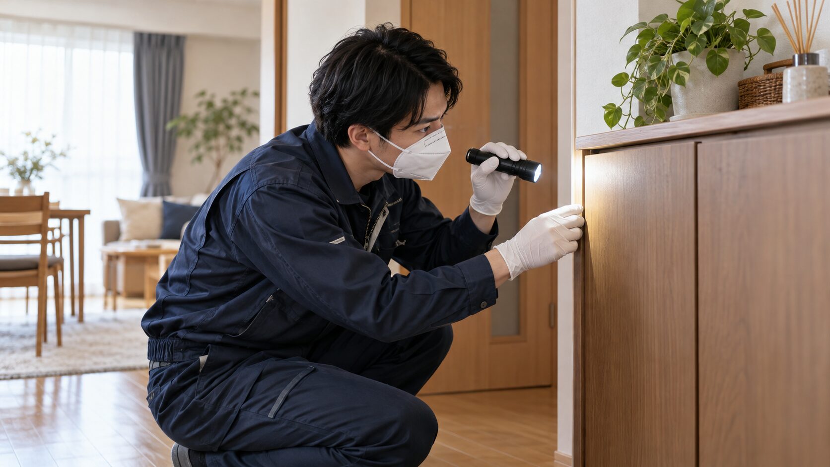 収納棚を照らす清掃点検員のイメージ